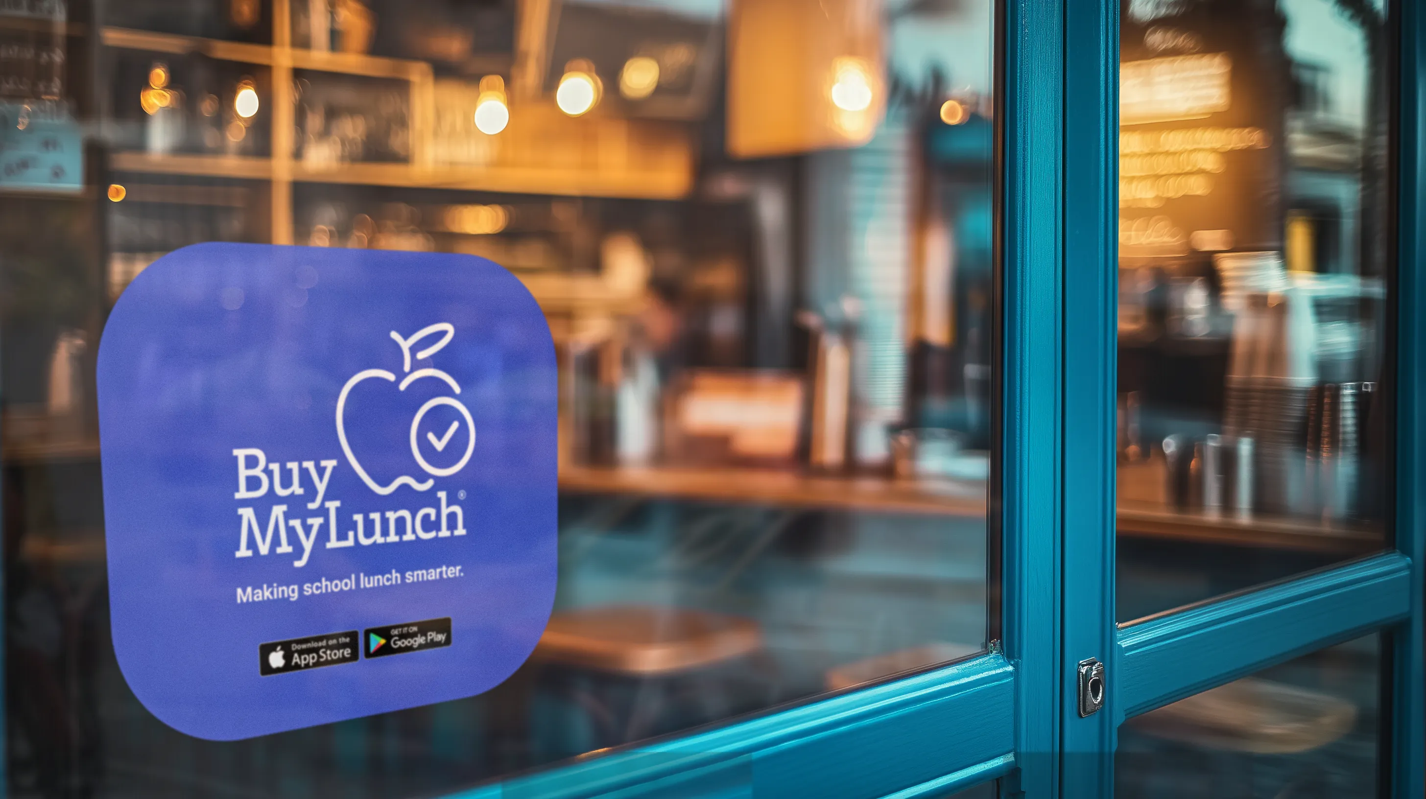 Buy My Lunch window sticker displayed at a restaurant entrance.