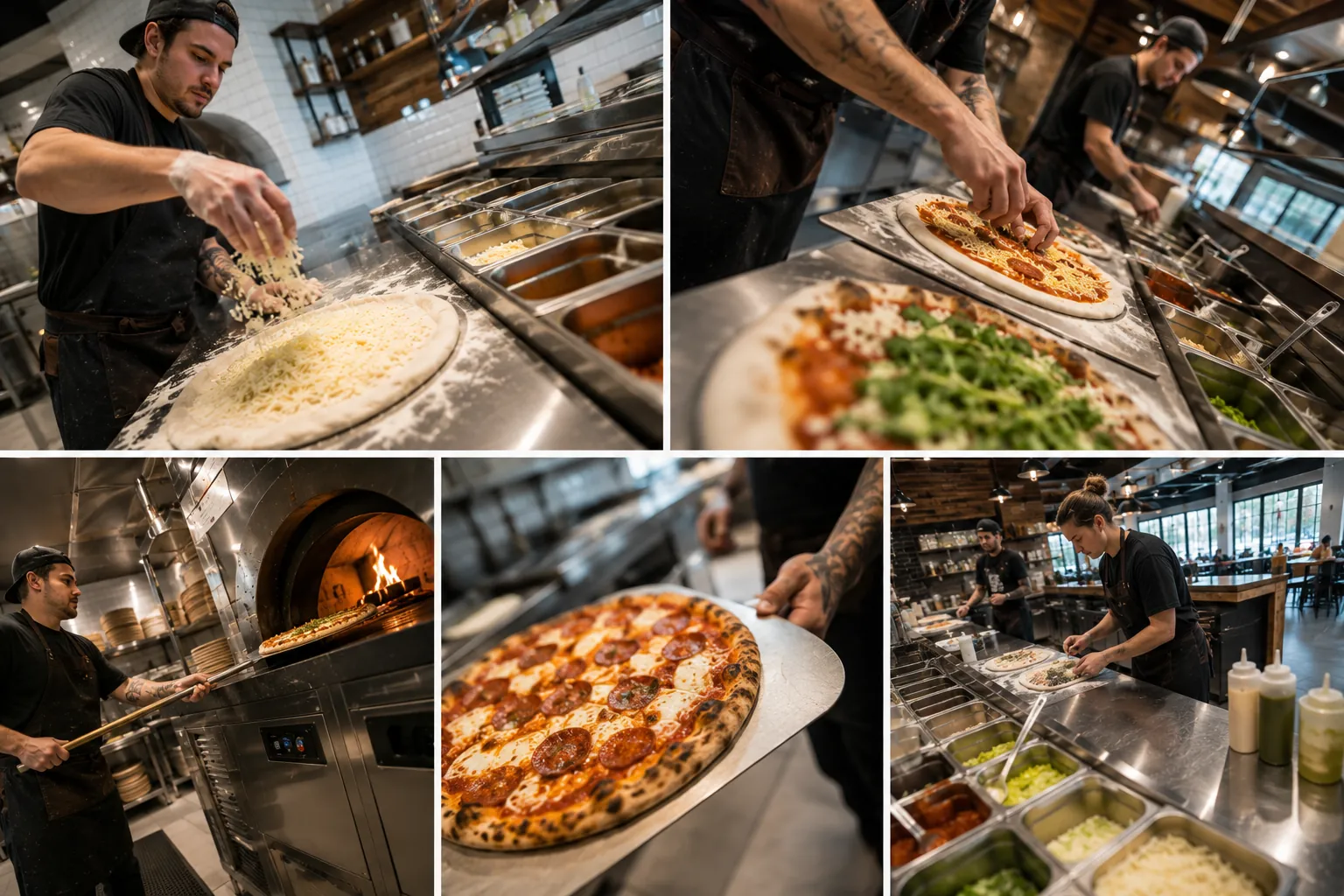 Restaurant kitchen preparing pizza meals for a school lunch service.