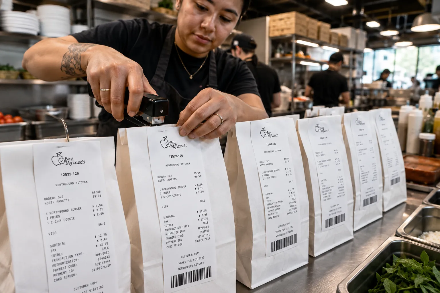 Restaurant staff preparing labelled school lunch bags