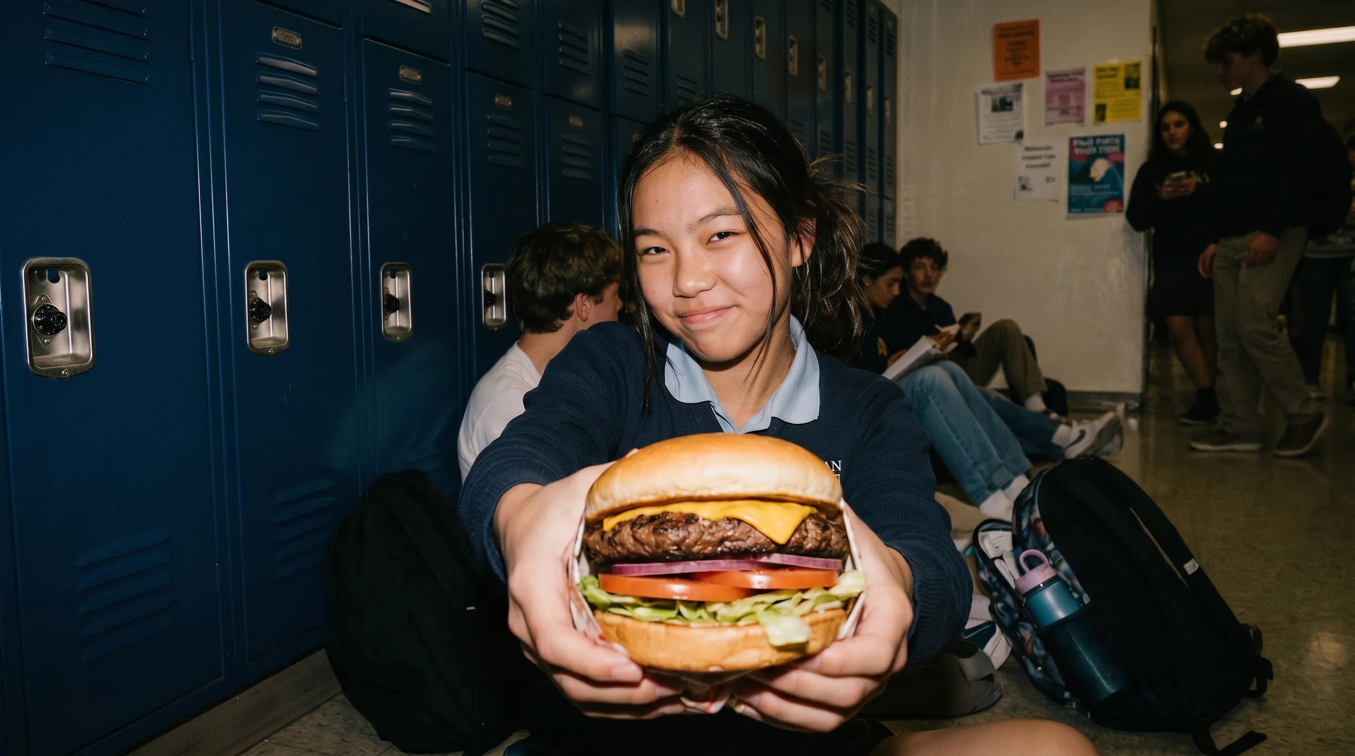 Student holding a restaurant-prepared burger lunch at school.