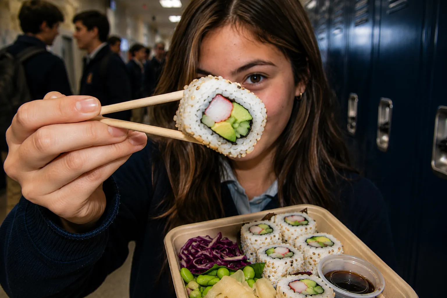 Student eating a restaurant-prepared lunch in a school hallway.