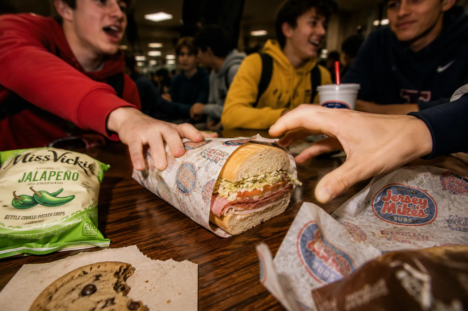 Students sharing wrapped restaurant lunches at a school table.