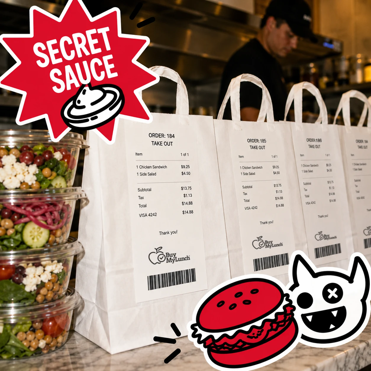 Restaurant orders packed and labeled for school lunch delivery